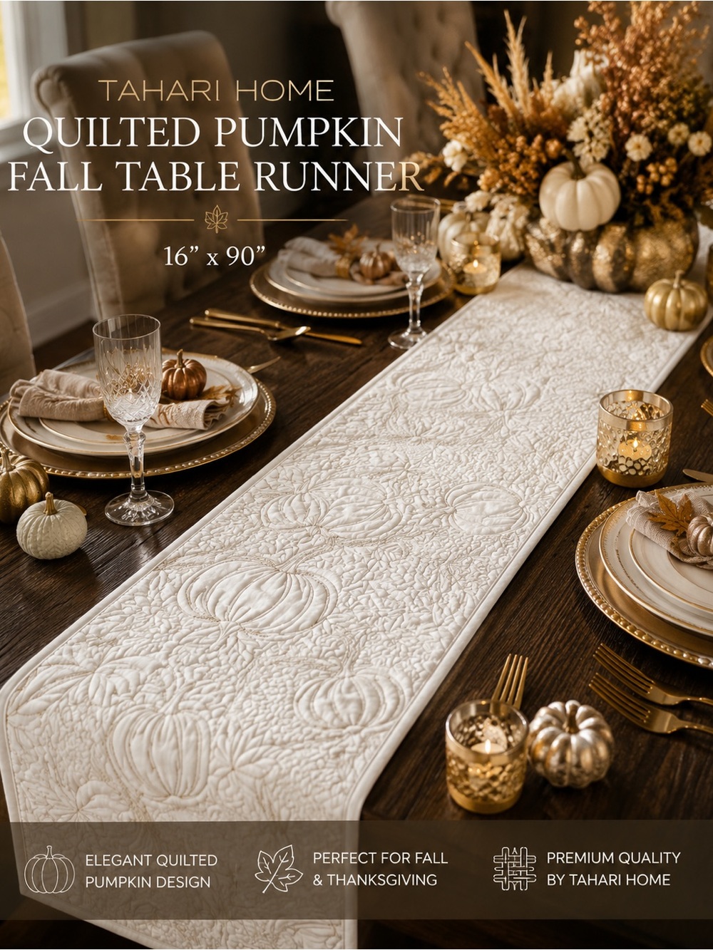 Tahari Cream Quilted Pumpkin Fall Table Runner